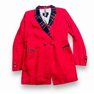 Vintage Michele Rossi Italian Designer Silk Viscose Plaid Trim Red Blazer US 6